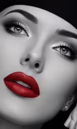 a woman with red lipstick and white make up