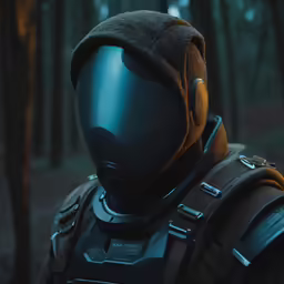 a black outfit in a forest with headphones