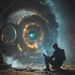a man sitting down on the ground looking at his phone