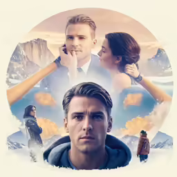 two people in a white circle with mountains and clouds