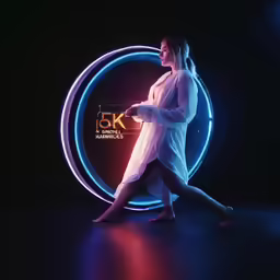 a woman is standing on a circle in a dark room