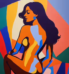 a woman that is sitting in a chair,the painting depicts an abstract figure with orange, blue, and yellow colors
