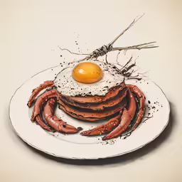 a plate with a stack of pancakes and an egg