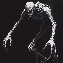 a black and white photo of an alien skeleton
