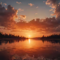 a sunset over some water with trees in the background