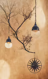 three lights are hanging off of a tree