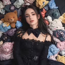 woman in black dress next to teddy bears on bed