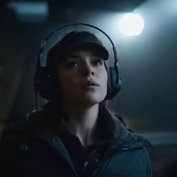 a woman wearing headphones in the dark