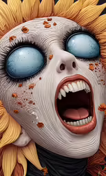 a creepy clown with blue eyes is making faces
