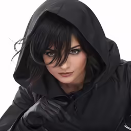 a woman in black jacket with gloves poses for the camera