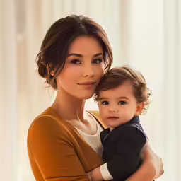 a woman in brown holding a child while standing