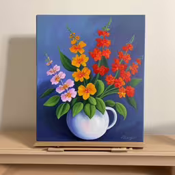 /tmp/FOON7fXS9.jpg = an oil painting of flowers in a white vase on a shelf
,/tmp/FOON7fXS9.jpg = a painting of flowers that is on top of a shelf
,/tmp/FOON7fXS9.jpg = a painting of colorful flowers in a white vase
,/tmp/FOON7fXS9.jpg = an art work depicting a white vase with orange and red flowers
,/tmp/FOON7fXS9.jpg = this is a painting of red, orange and yellow flowers in a vase
,/tmp/FOON7fXS9.jpg = painting with flowers and blue background displayed on wall
,/tmp/FOON7fXS9.jpg = a painting on a shelf with flowers on it
