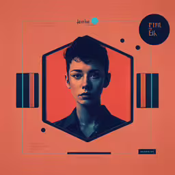 a movie poster of an actress and a circle,a woman in an orange background surrounded by blue circles