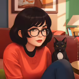 a woman with glasses sitting next to a black cat