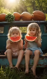 a couple of young girls eating a large piece of watermelon