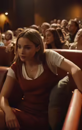 a woman sitting in a seat of a theater with people standing and sitting down