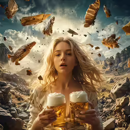 a woman with blonde hair holding two mugs of beer