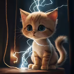 a kitten is sitting on a table with lightning strings