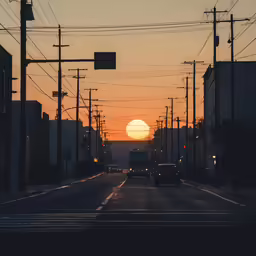 a sunset in a city with telephone wires above a street