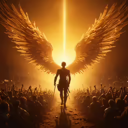 the silhouette of a person in front of a large group of people with big wings
