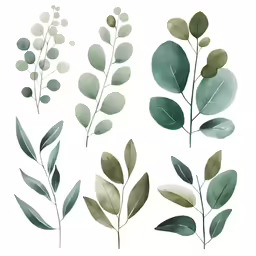 various leaves and branches are painted on the white paper