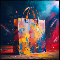 a small painted bag on a dark street
