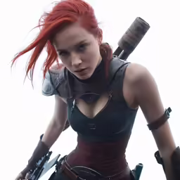 a young redheaded woman dressed in leathers and armor