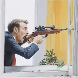 a man aiming with a rifle at the target