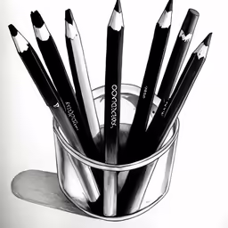 a bunch of pencils sitting in a cup on top of a table