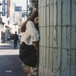 a woman is leaning against the corner of a building