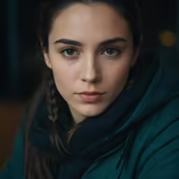 a woman with blue eyes is wearing a green jacket and a black scarf
