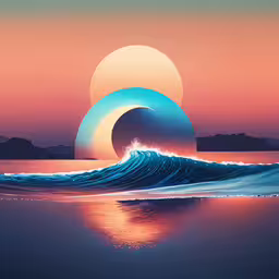 a painting of a wave crashing in front of a sun,a painting of a wave coming towards a large circular light