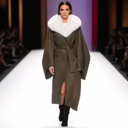 a model walks the runway in a fur collared coat and skirt
