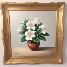 a painting of flowers that are in a brown pot,a painting of flowers is painted in a golden frame