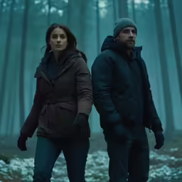 a man and a woman standing in the woods