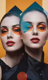 two woman with orange eyes and colorful make up