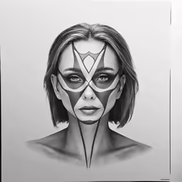 a black and white drawing of a woman with geometric makeup