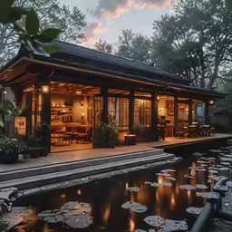 this is an image of a house sitting beside a pond