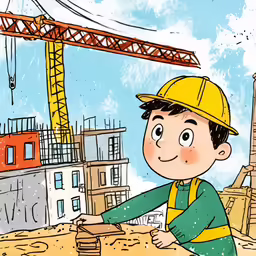 a child in a hard hat stands at the edge of a construction site