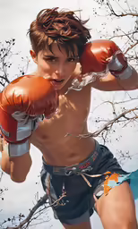 a boy with no shirt wearing boxing gloves