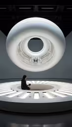 a room with a circular light suspended above it,a man sitting on the floor with his feet crossed
