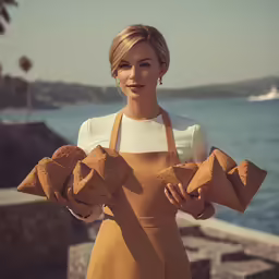 a woman holding a small bag of bread near the water