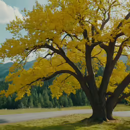 a yellow tree sitting next to a road near grass