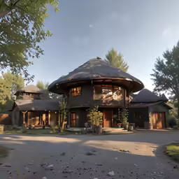 an old style building with thatched roof, sitting on gravel near trees