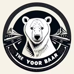 the emblem of a bar is depicted in a circle,a bear is inside a circular with the word, the yor bar,a white bear sitting inside of a circular logo,an illustration of the yor bear with mountains in the background,the bear bar and grill logo