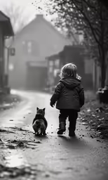 a little girl walking down a road with a dog