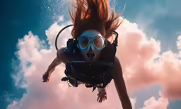 a woman scubas in the water under some white clouds