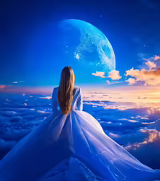 the back of a girl in a long white dress sitting on clouds
