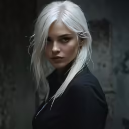 a woman with blonde hair and dark eyes poses for a photo