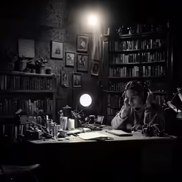 a woman sitting at her desk in the dark in front of a lamp